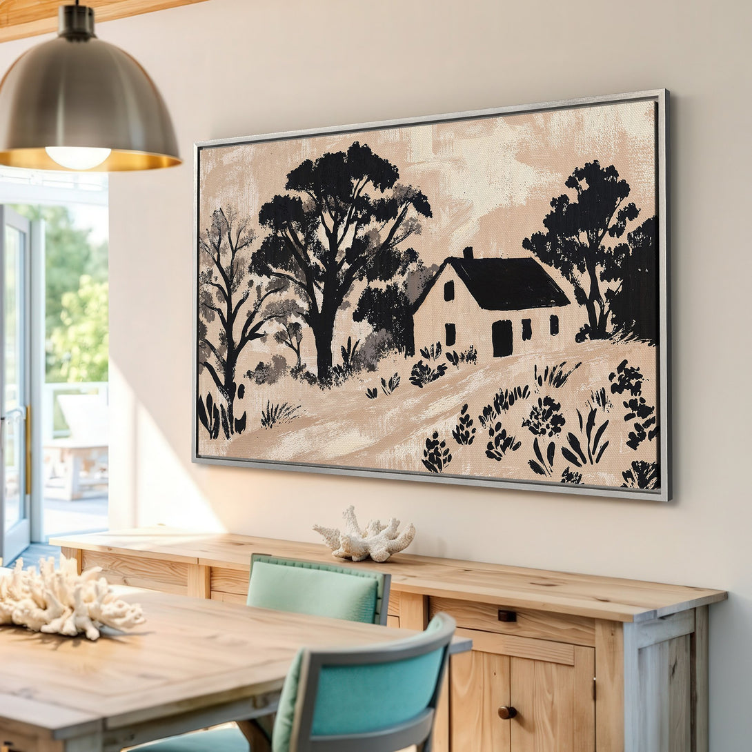 Framed Wall Art featuring a black and white landscape painting. Neutral color palette and minimalist style. Perfect for adding art to your home decor.
