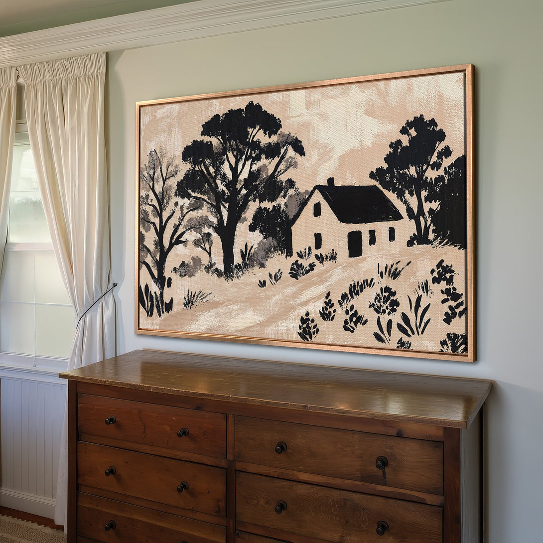 Framed Wall Art: Rustic landscape Canvas Print with a black and beige color palette. Perfect for adding a touch of farmhouse charm to your home decor.