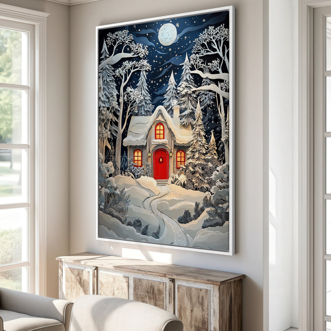 Framed Wall Art: Winter scene canvas print with a cozy cabin, snowy forest, and a cool color palette. Perfect for holiday decor.