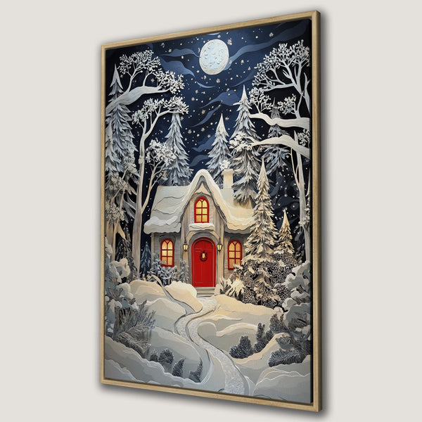 Framed Wall Art of a winter cabin scene with a red door, in a paper cut style, with a cool blue and white color palette. A cozy winter decor piece.