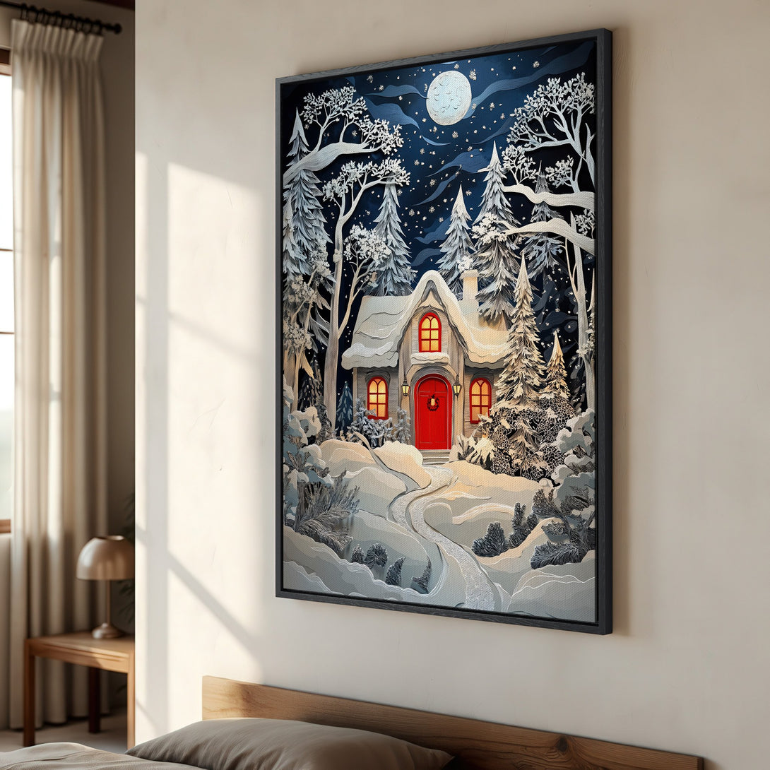 Framed Wall Art: Winter cabin scene with a whimsical, layered paper art style. Features a blue, white, and red color palette, perfect for cozy decor.