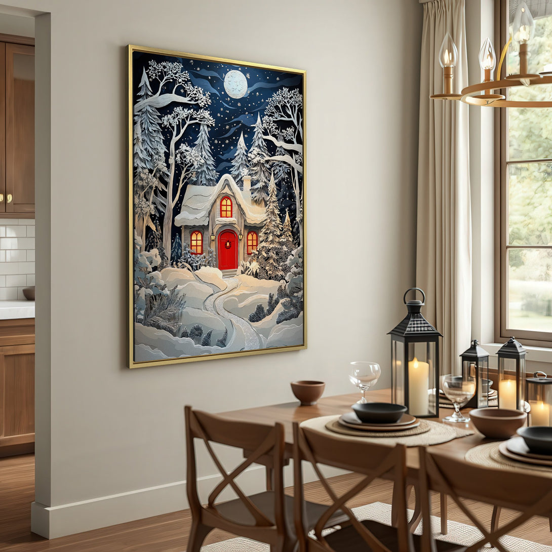 Canvas Print of a winter cabin scene in a whimsical, illustrative style. Features a snowy landscape with a cool blue and white color palette.