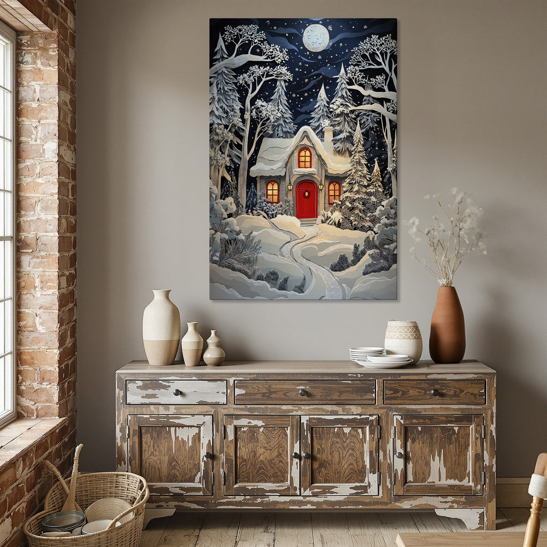 Framed Wall Art: Winter cabin scene in a cozy interior. Blue, white, and red color palette. Perfect for adding a touch of warmth to your home!