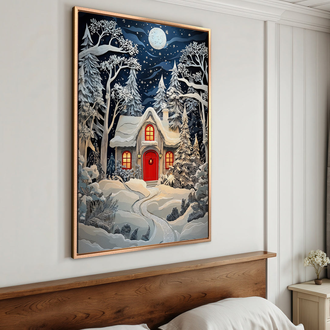 Framed Wall Art: Winter cabin scene in a paper-cut style with a blue, white, and red color palette. Perfect for cozy home decor.