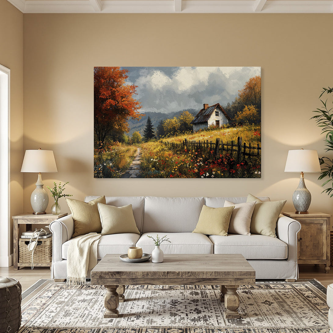 Framed Wall Art: Scenic landscape Canvas Print with a cottage, warm autumn colors. Perfect for home decor!