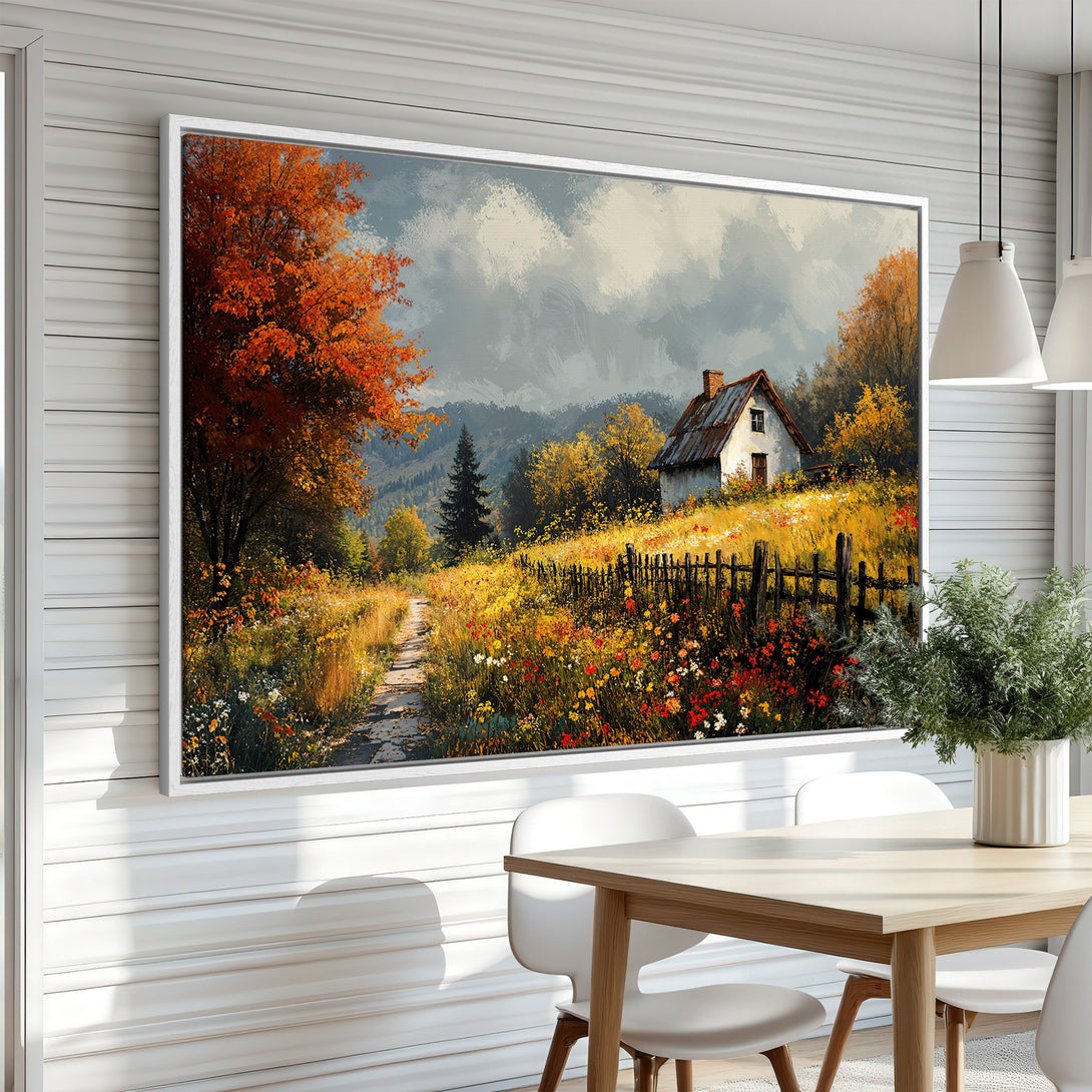 Framed Wall Art: Rustic landscape Canvas Print with fall colors. Featuring a charming cottage, vibrant yellows, oranges, and blues. Perfect for home decor.