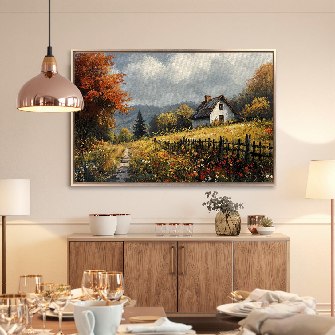 Framed Wall Art: Scenic landscape Canvas Print with a cottage, warm autumn colors, and impressionistic style. Perfect for cozy home decor.