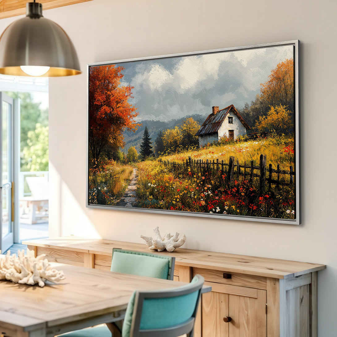 Framed Wall Art: Rustic landscape Canvas Print with a charming cottage, warm autumn colors, and impressionistic style. Perfect for cozy interiors!