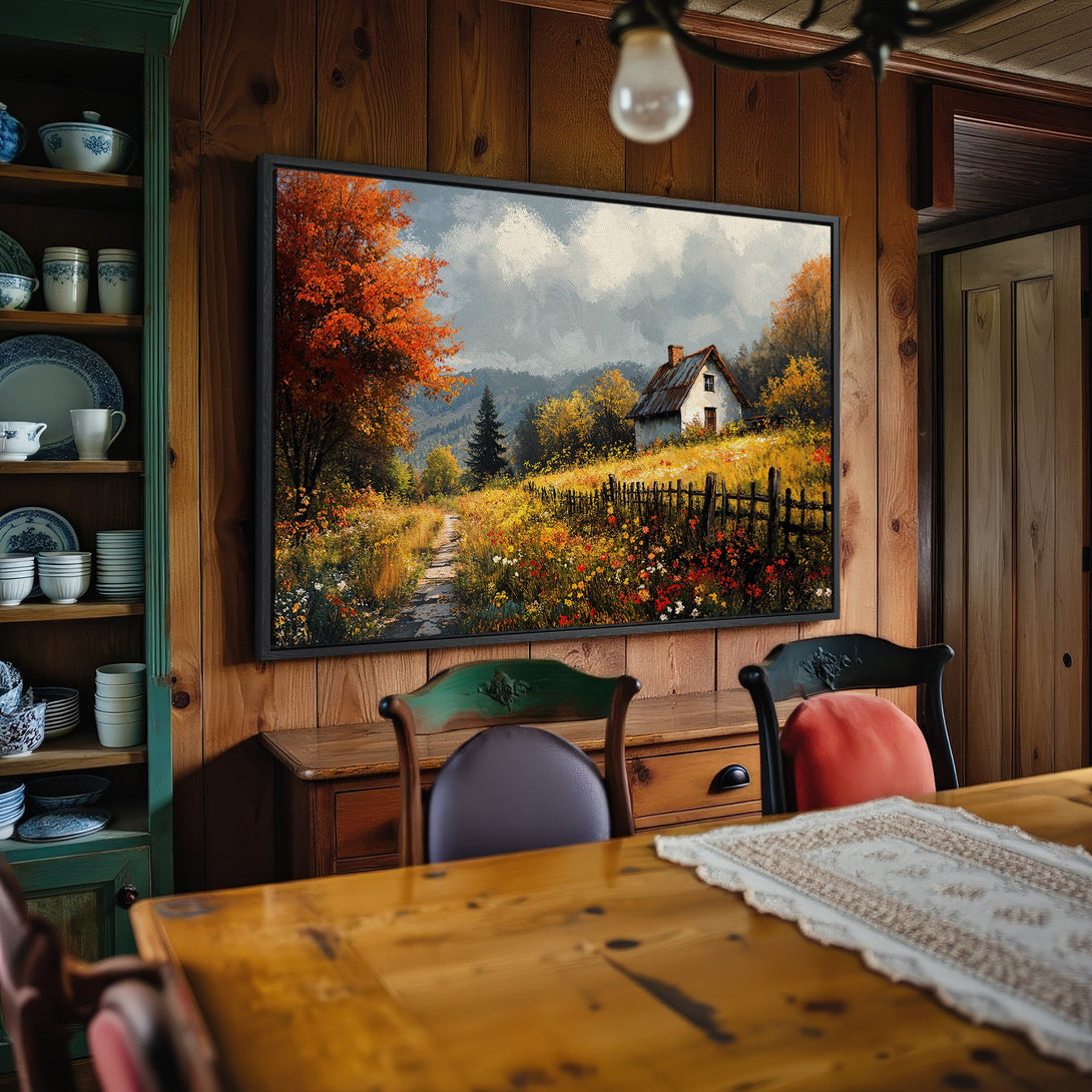 Framed Wall Art: Autumn landscape Canvas Print in warm tones. Rustic cabin art with orange, yellow, and green palette. Perfect for a cozy home.