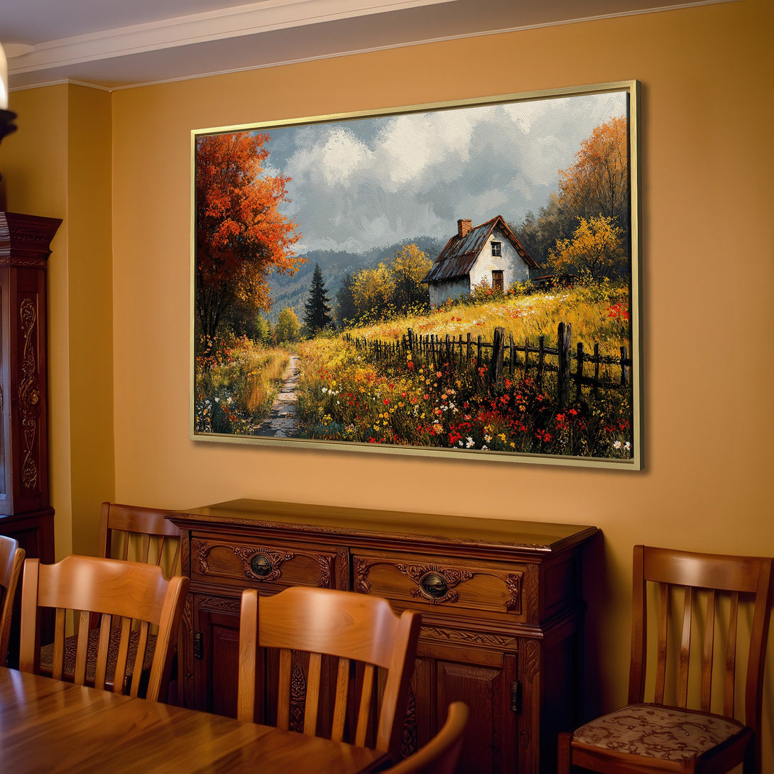 Canvas Print of a serene landscape painting featuring a cottage, warm autumn colors, and impressionistic style. Perfect for cozy interiors.