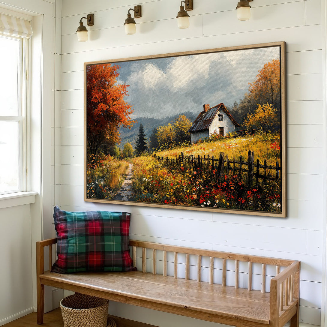 Framed Wall Art: Rustic landscape painting with warm autumn tones. Adds cozy charm to any space. Shop now for nature-inspired decor!