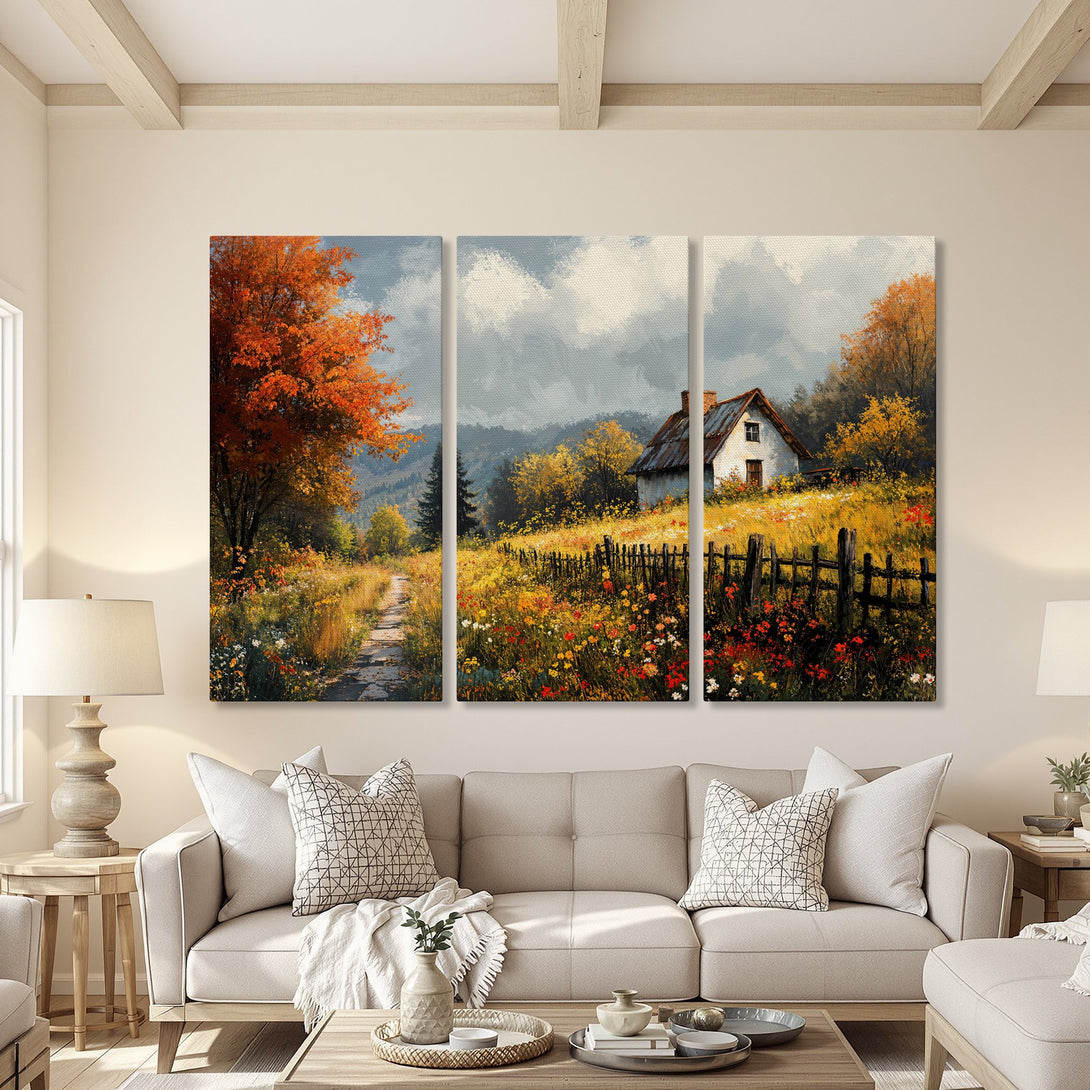 Canvas Print of a serene landscape painting featuring a cottage and fall foliage, warm color palette. Perfect for home decor.