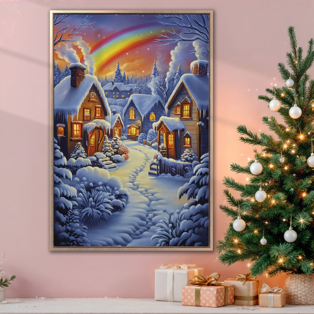 Framed Wall Art: Cozy winter village scene with rainbow, painted in a whimsical style. Featuring a blue and gold color palette, perfect holiday decor.