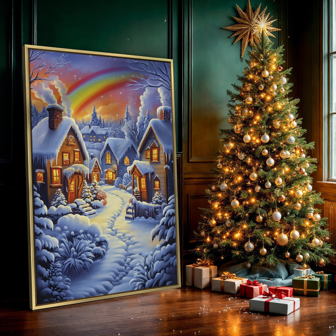 Canvas Print of a winter village scene with a rainbow, featuring a cozy, whimsical style and a blue, orange, and white color palette.
