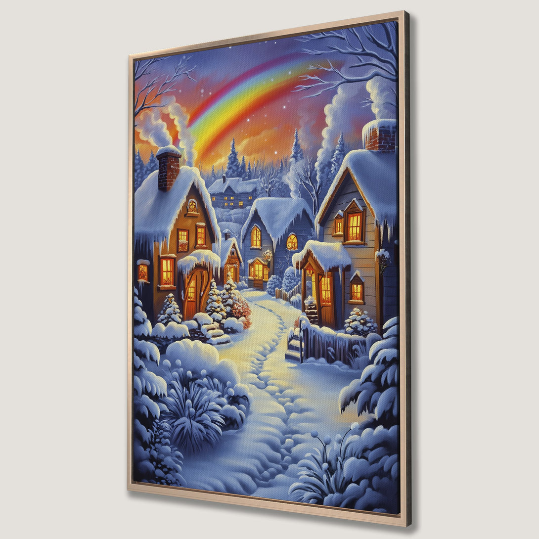 Framed Wall Art of a charming winter village scene with a rainbow. Cozy, warm colors in a whimsical style. Perfect for holiday decor!