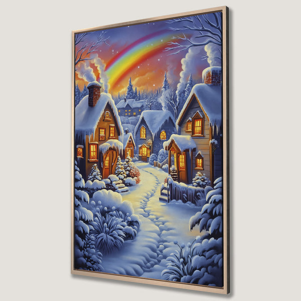 Framed Wall Art of a charming winter village scene with a rainbow. Cozy, warm colors in a whimsical style. Perfect for holiday decor!