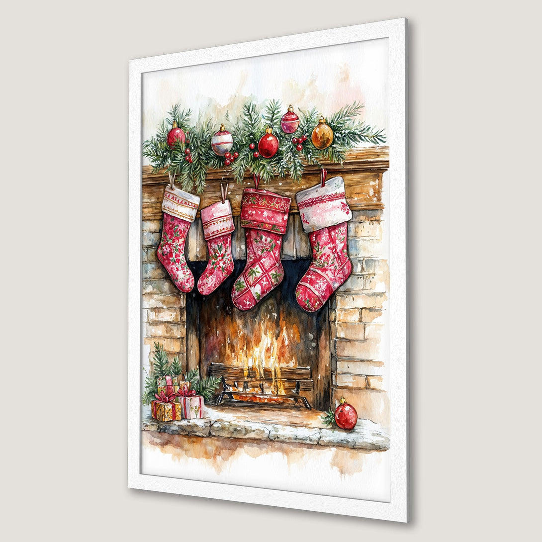 Framed Poster featuring a watercolor Christmas scene with stockings, fireplace, and ornaments. Warm red and gold palette. Festive wall art!