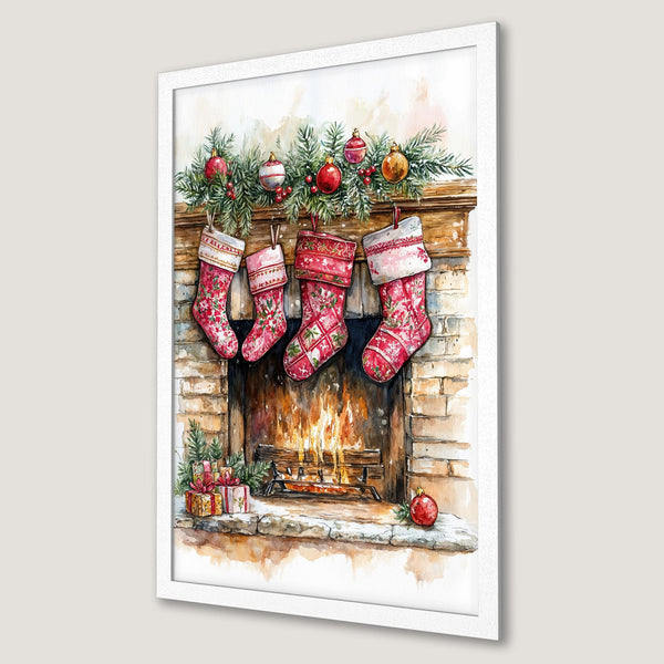 Framed Poster featuring a watercolor Christmas scene with stockings, fireplace, and ornaments. Warm red and gold palette. Festive wall art!