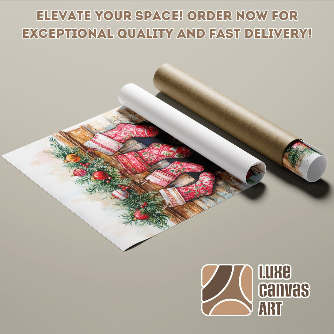 Christmas Poster Roll, watercolor style, featuring red and green festive decor, perfect for holiday home art.