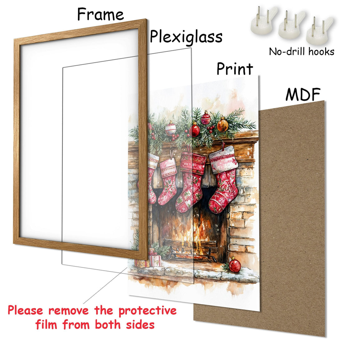 Framed Poster: Watercolor Christmas fireplace art with red stockings. Warm, inviting color palette. Perfect holiday decor.