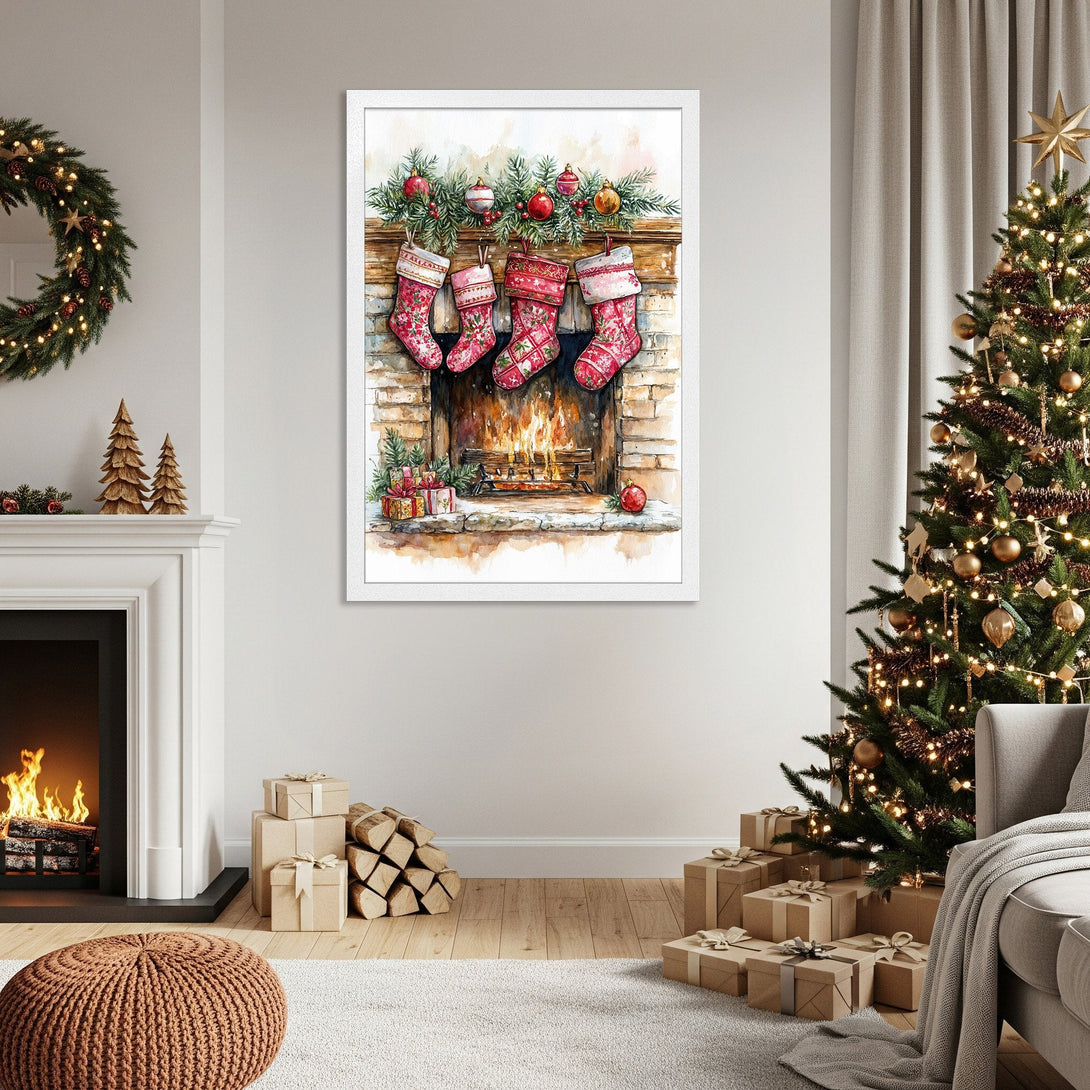 Framed Poster of a watercolor Christmas scene with stockings and a fireplace. Warm, festive colors and cozy style. Perfect holiday decor.
