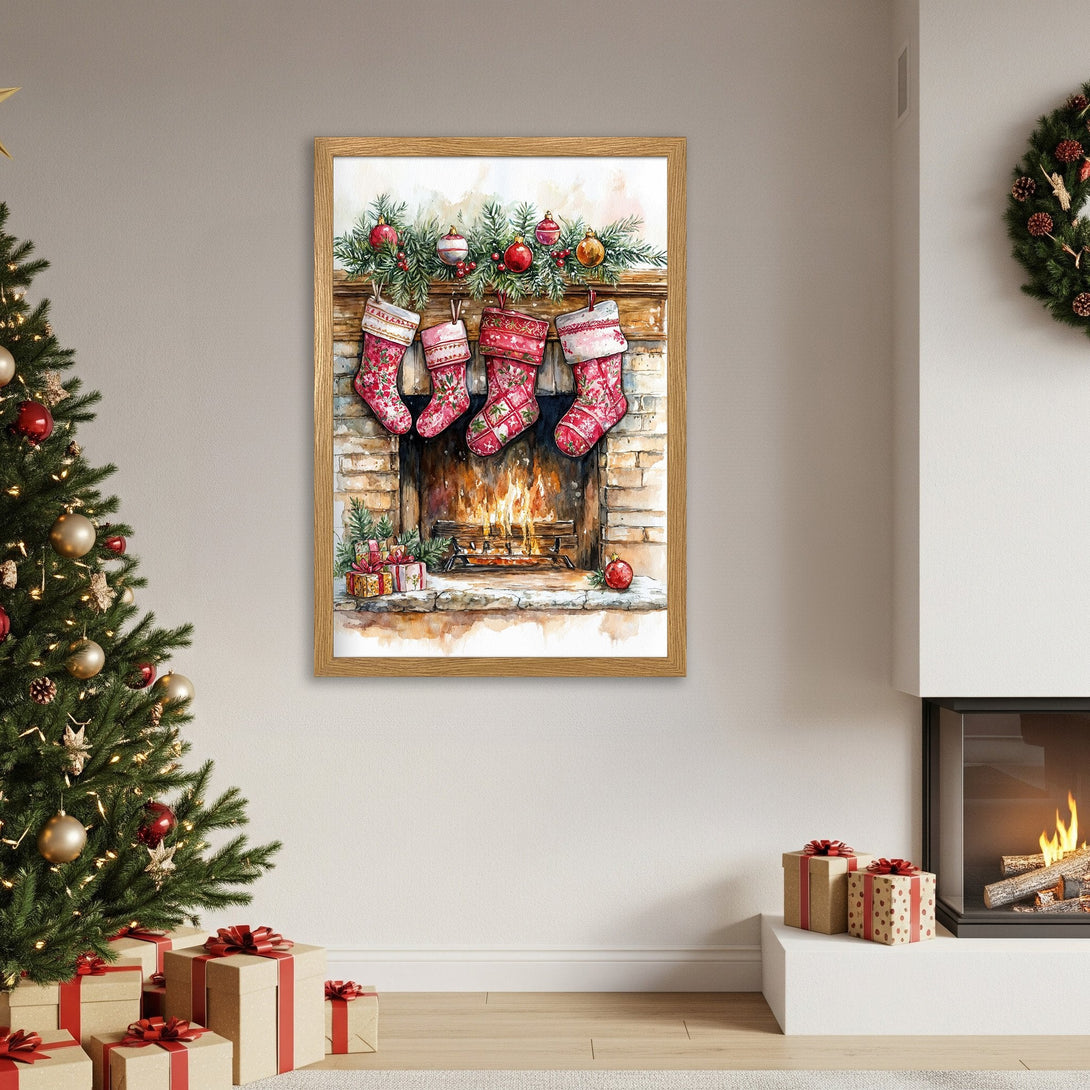 Framed Poster of watercolor Christmas stockings over a fireplace. Festive art with red, green, and gold color palette. Perfect holiday decor.