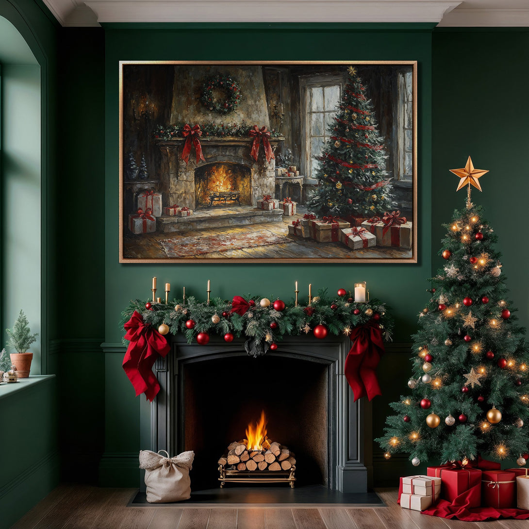 Framed Wall Art: Cozy Christmas scene. Festive interior with fireplace, tree, and gifts. Warm, inviting color palette of greens, reds, and golds. Perfect holiday decor.