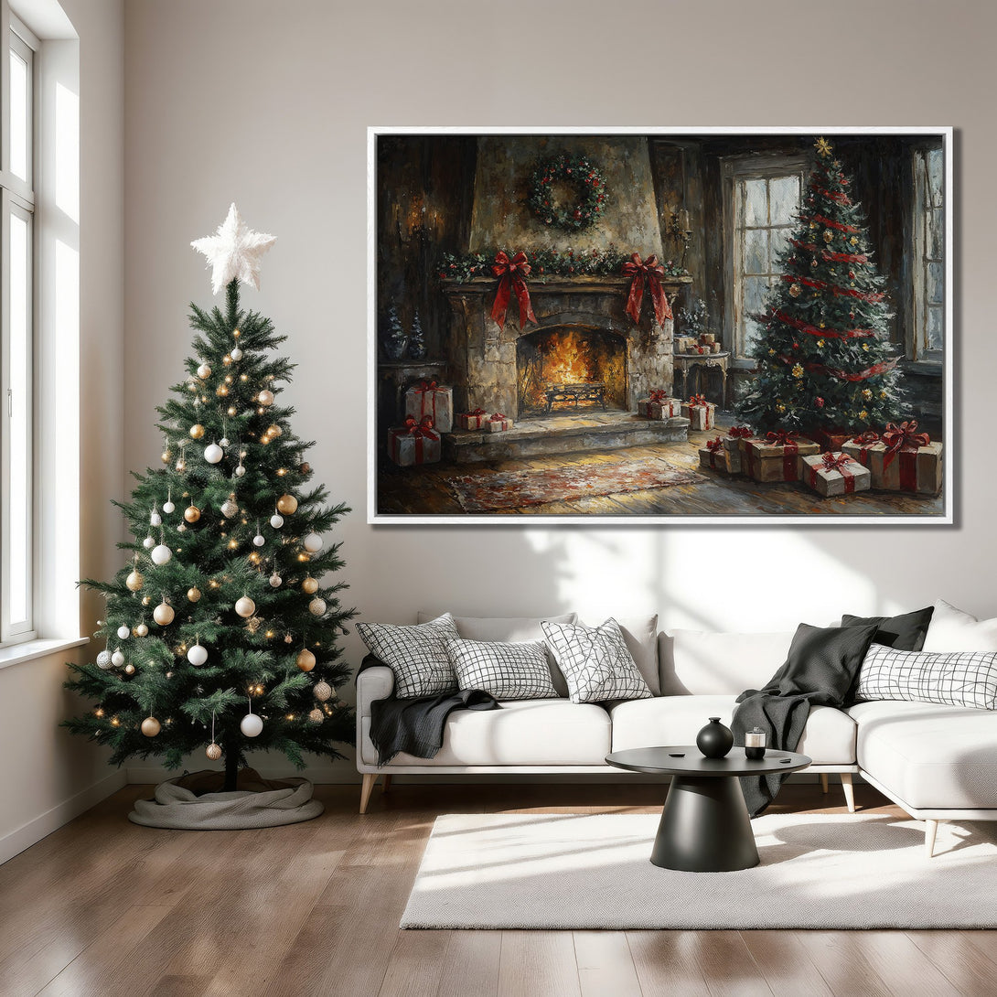 Framed Wall Art: Cozy Christmas scene with fireplace in warm tones. Perfect for holiday decor. Enhance your space with this beautiful canvas print.
