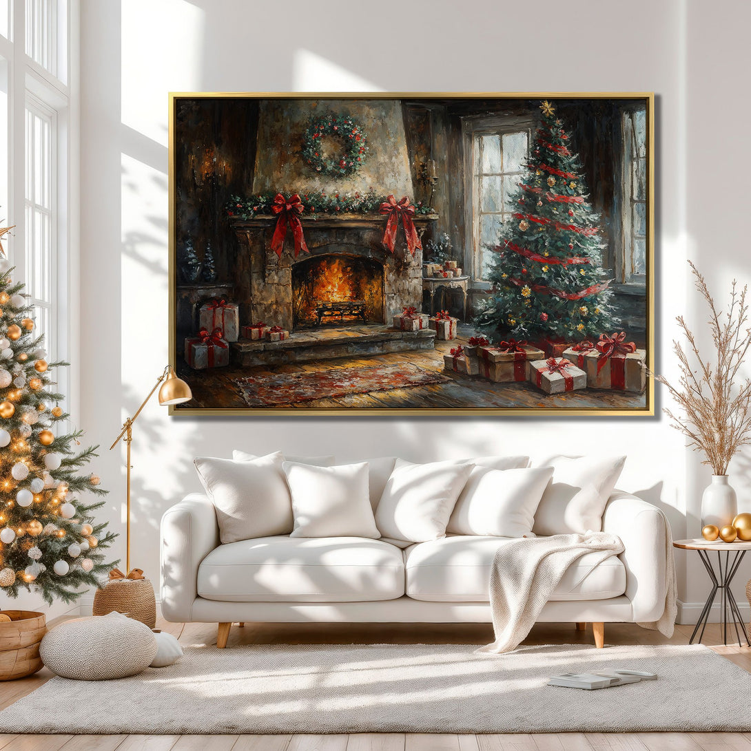 Canvas Print of a cozy Christmas scene with a fireplace and tree. Warm, inviting color palette perfect for holiday decor.