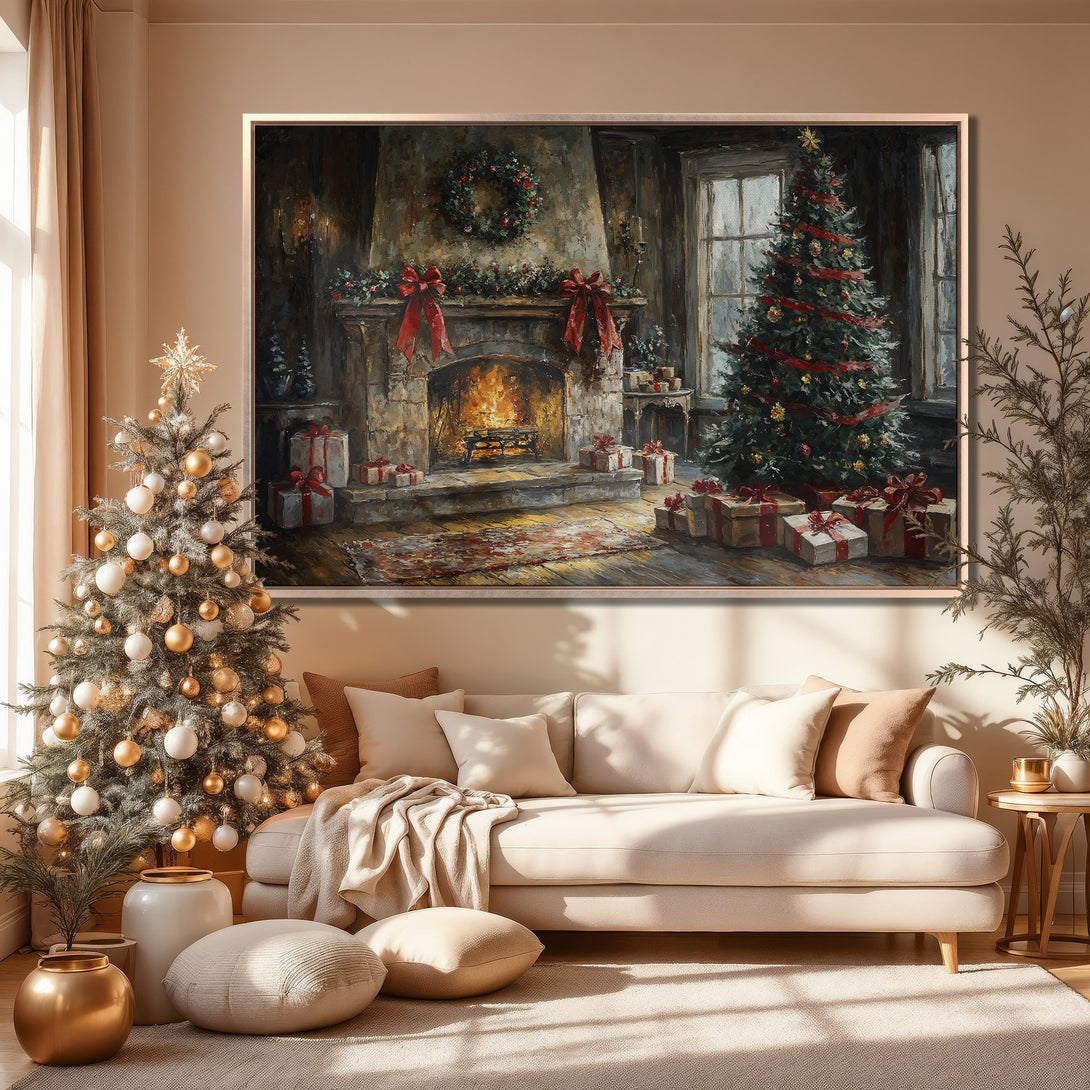 Framed Wall Art: Cozy Christmas scene with fireplace, tree, and gifts. Warm, inviting palette of browns, greens, and reds. Perfect holiday decor.