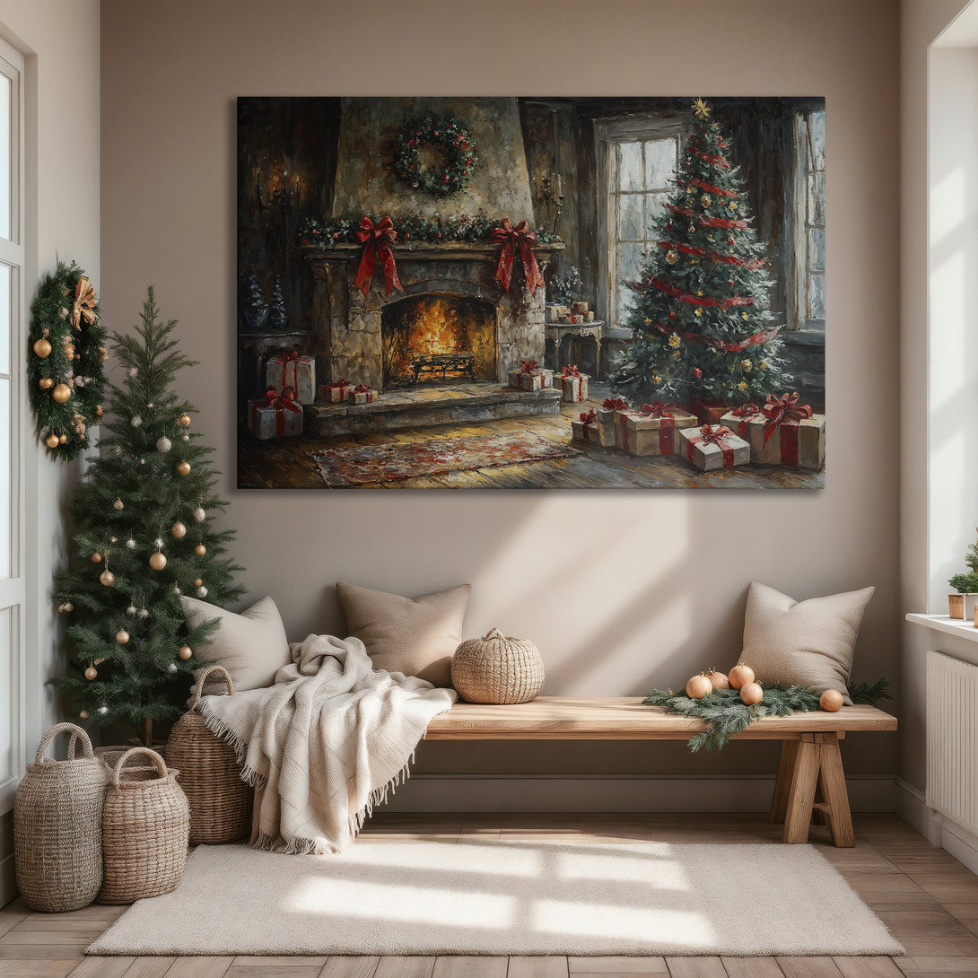 Framed Wall Art: Cozy Christmas scene with fireplace, tree, and gifts. Warm, inviting color palette. Perfect holiday decor for your living room.