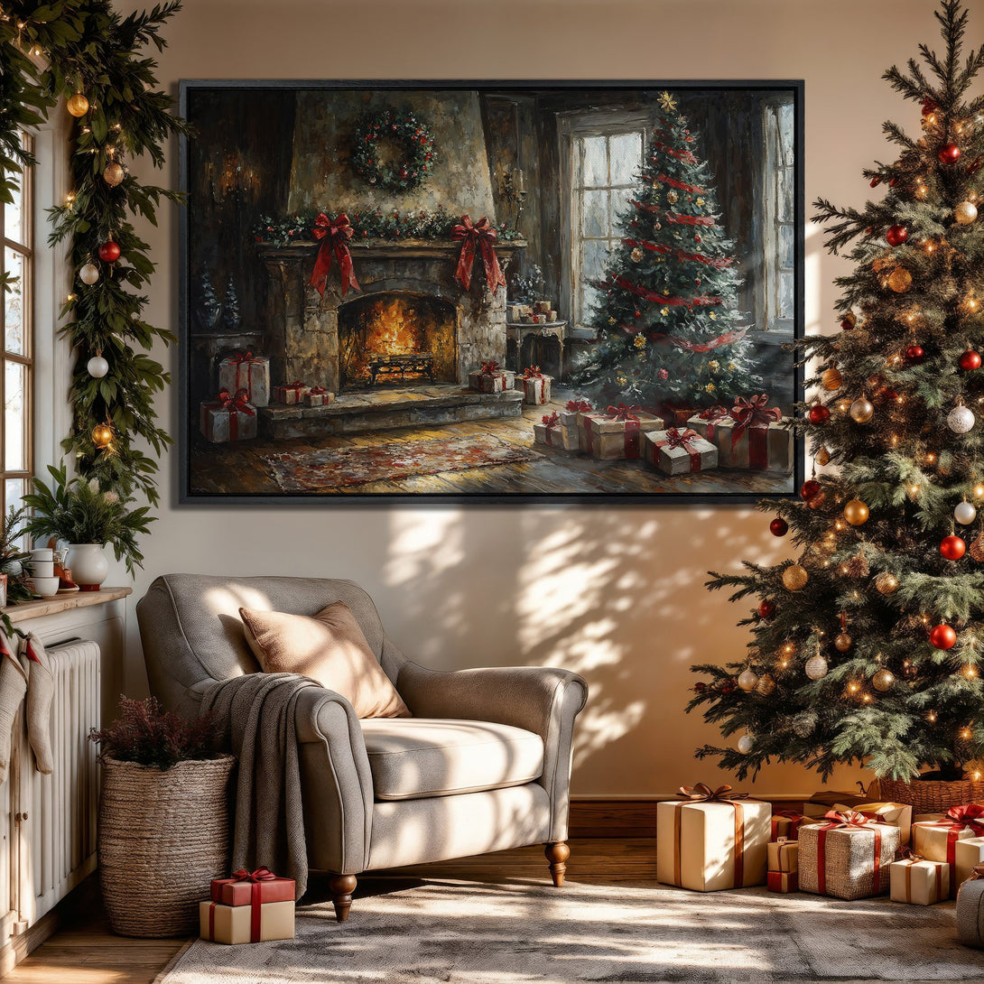 Framed Wall Art: Cozy Christmas scene with fireplace & tree. Warm, inviting palette of reds, greens & golds. Perfect holiday decor for your home.