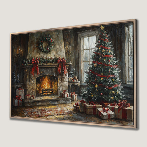 Framed Wall Art: Cozy Christmas scene with fireplace, tree, and gifts. Warm, inviting color palette. Perfect holiday decor for a touch of elegance.