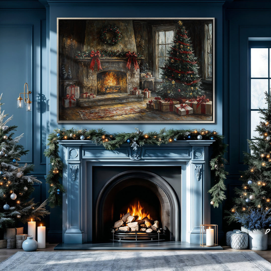 Framed Wall Art: Cozy Christmas scene in blue tones. Classic style Canvas Print of a fireplace, tree, and gifts. Perfect holiday decor.