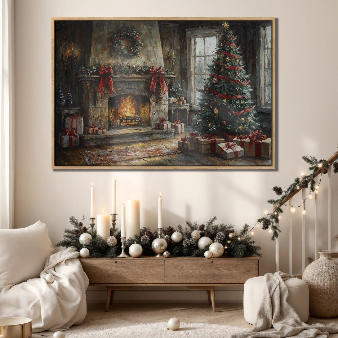 Framed Wall Art featuring a cozy Christmas scene with a fireplace and tree. Warm, inviting color palette perfect for holiday decor.