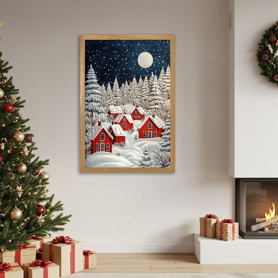 Framed Poster featuring a winter village scene with red houses, a snowy landscape, and a blue night sky. Warm, inviting color palette.