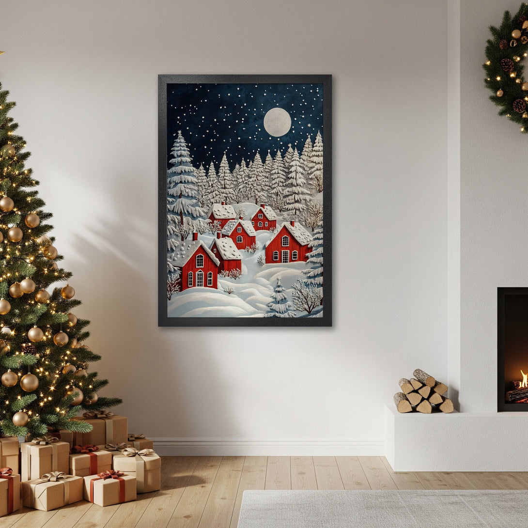 Framed Poster of a winter village scene in red and white, perfect for holiday decor.