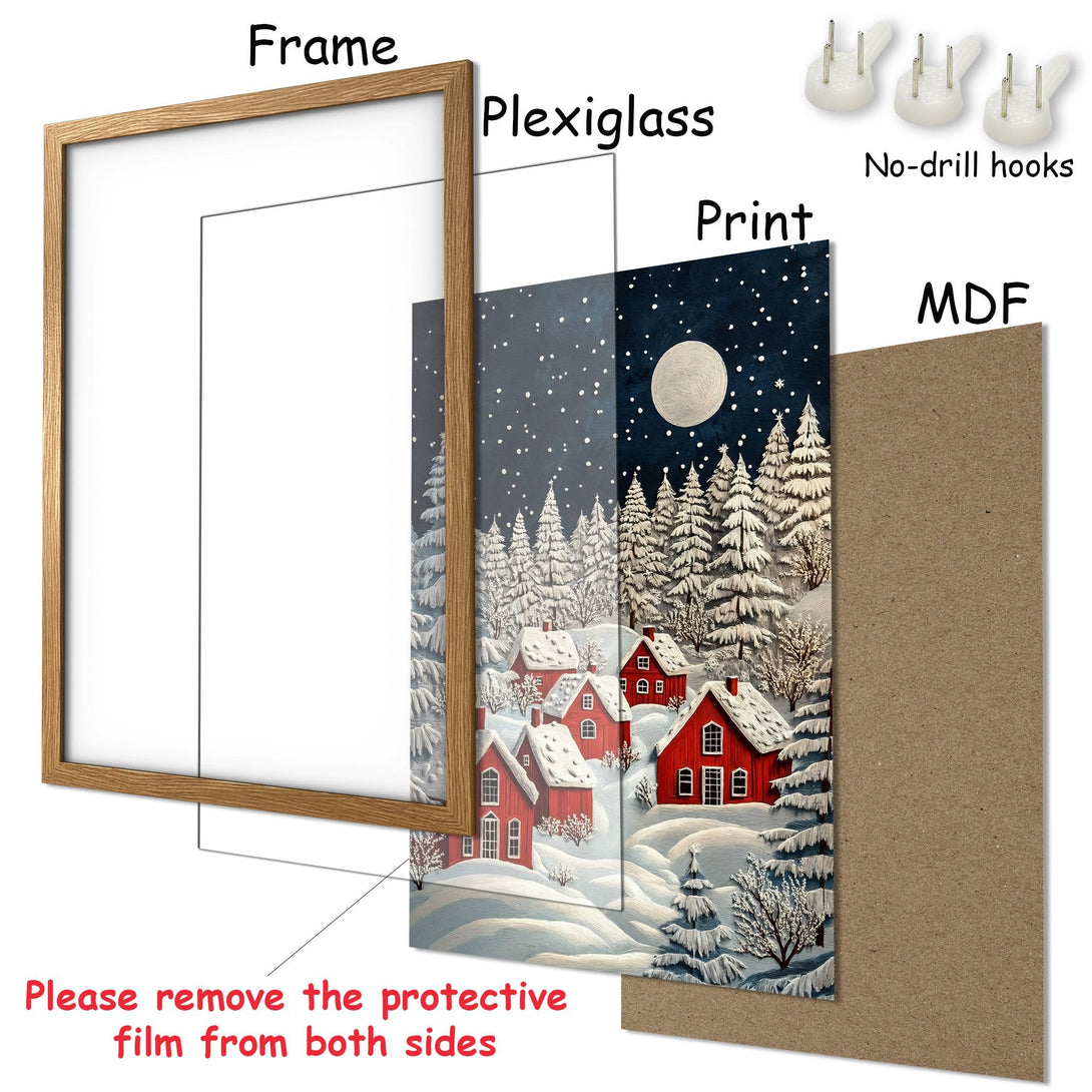 Framed Poster of a winter village scene. Features red houses, snowy trees, and a moon. Beautiful, cozy art with a cool color palette.