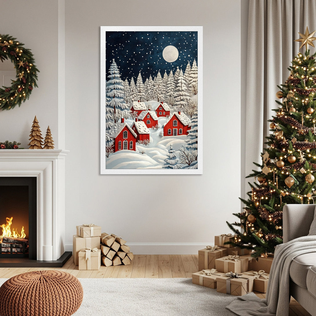 Framed Poster featuring a winter village scene in blue, white, and red. Perfect holiday decor!