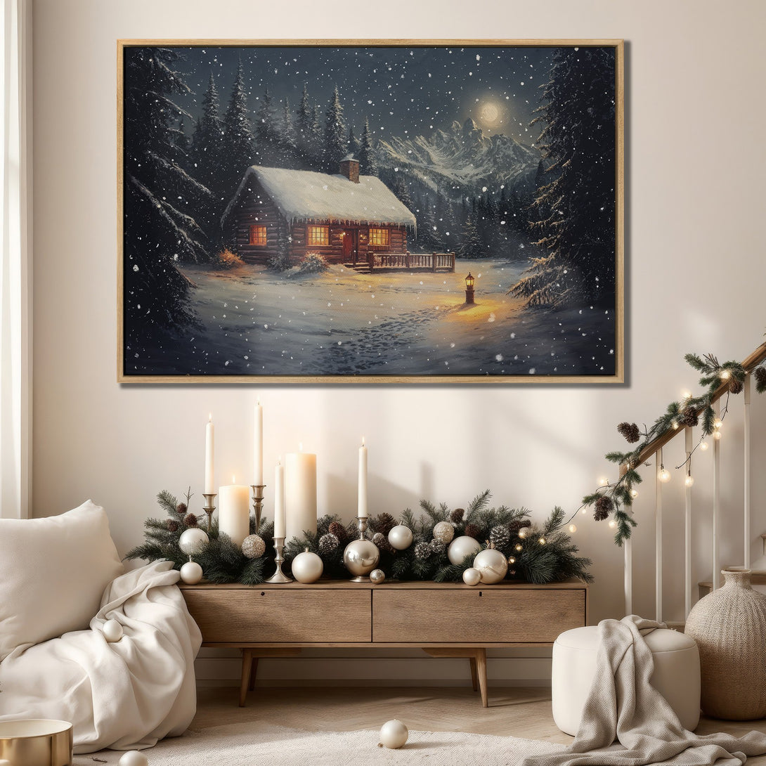 Framed Wall Art: Cozy winter cabin scene in a snowy forest. Warm, inviting colors create a serene atmosphere. Perfect for adding a touch of winter charm to your home!