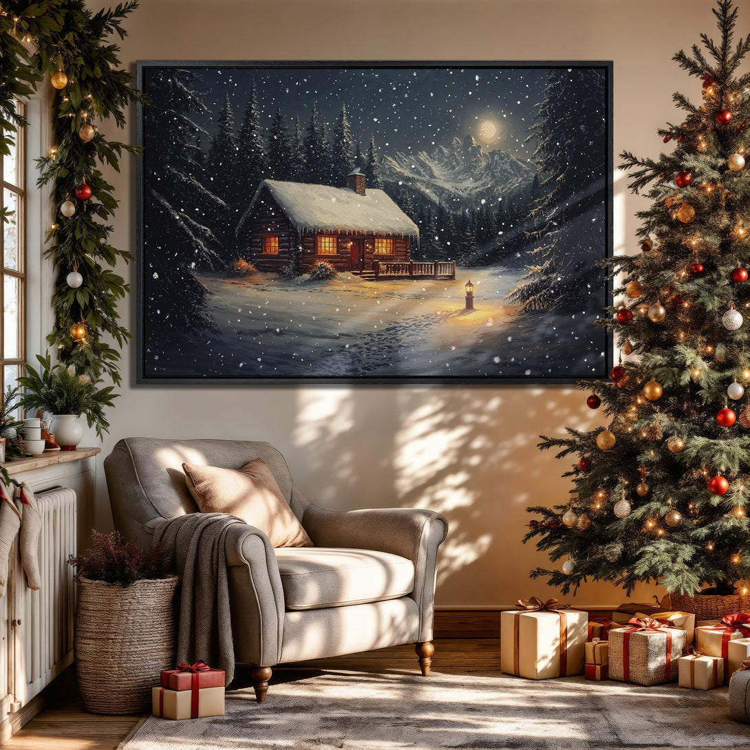 Framed Wall Art: Cozy winter cabin scene in a snowy forest. Warm, inviting color palette. Perfect Christmas decor for a festive living room.
