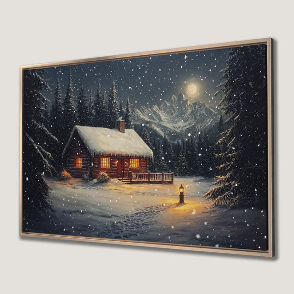 Framed Wall Art: Winter cabin scene with snowy forest and mountains. Warm light against cool blues and greens. Cozy, inviting artwork for your home.