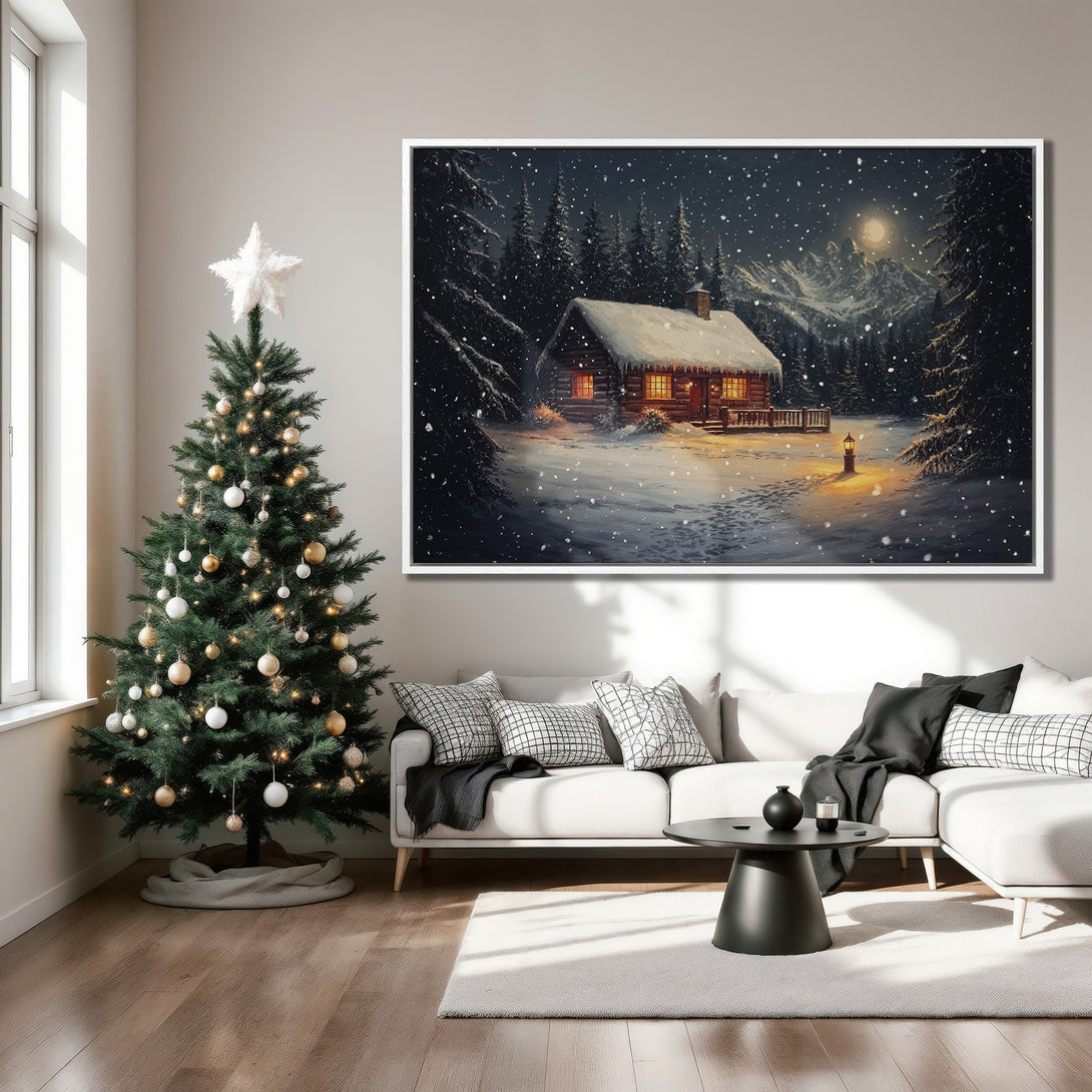 Framed Wall Art: Cozy winter cabin scene in a snowy forest. Warm, inviting color palette with blues, whites, and golds. Perfect for holiday decor!