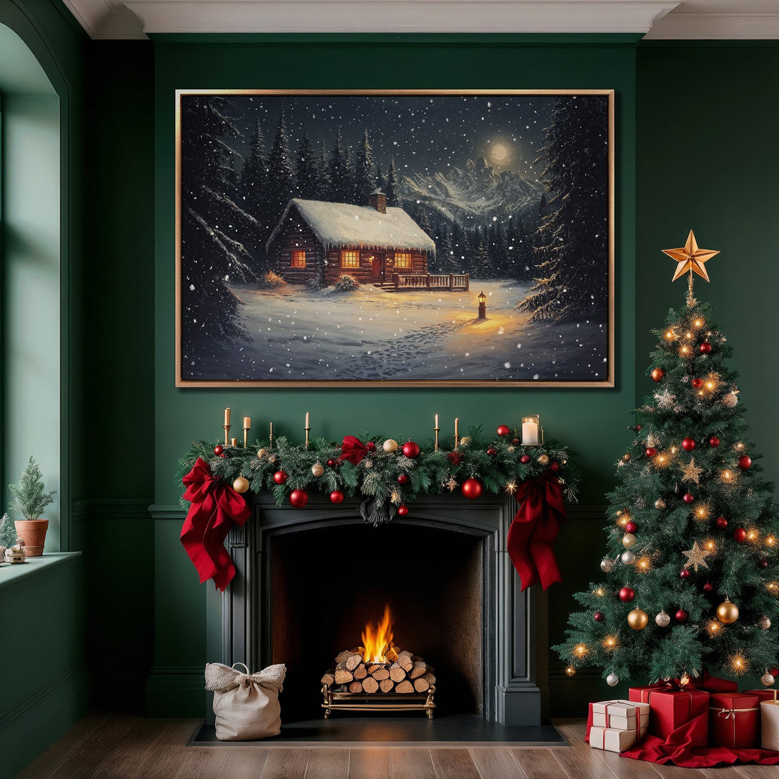 Framed Wall Art: Cozy winter cabin scene in a festive interior. Featuring a snowy landscape with warm lighting and a dark green color palette for a touch of holiday cheer.