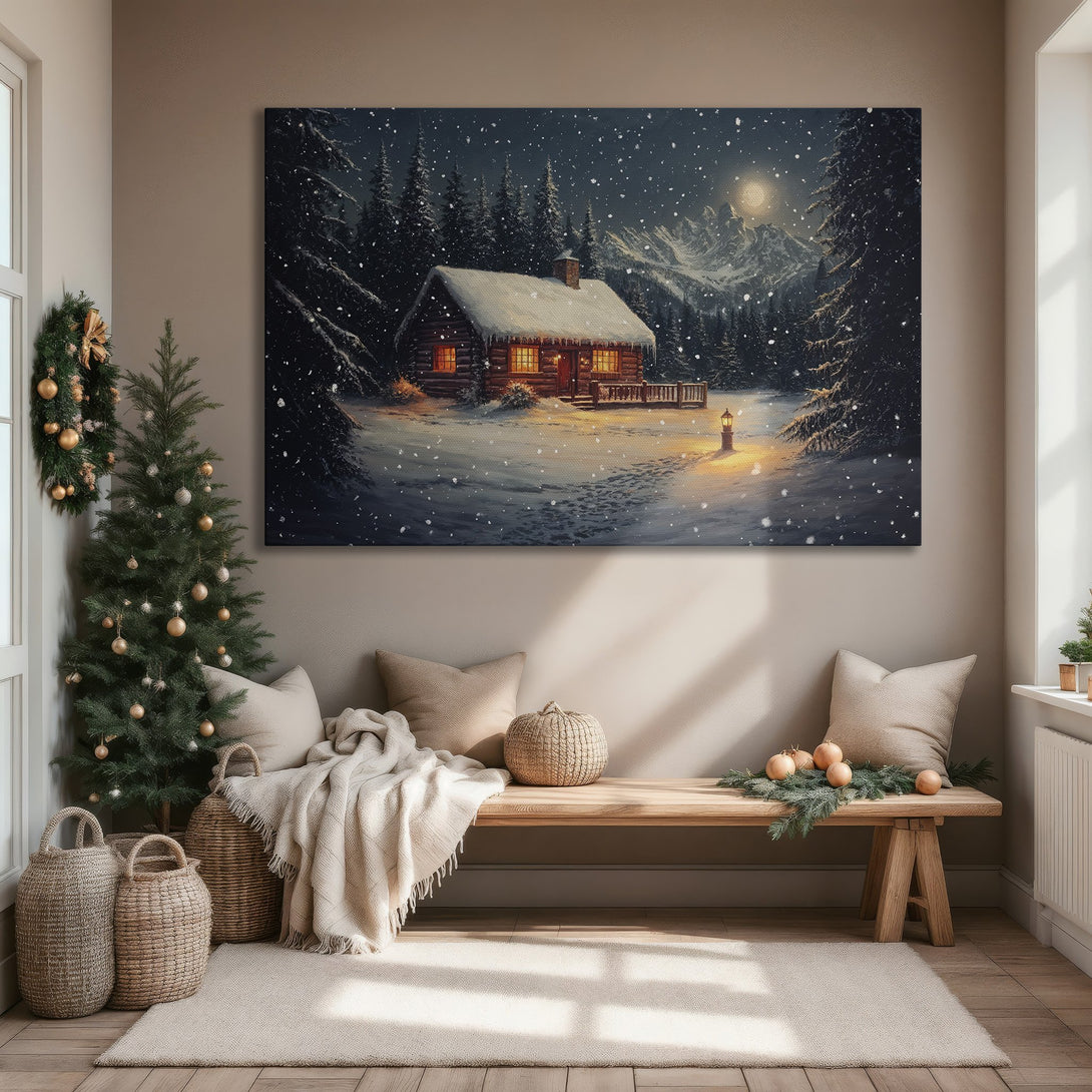 Framed Wall Art: Winter cabin scene in snowy forest. Warm, inviting colors. Perfect for cozy living rooms. Bring the outdoors in with this beautiful canvas print!