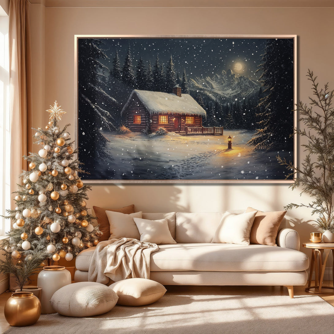 Framed Wall Art: Winter cabin scene in a cozy interior. Warm, inviting color palette with snowy landscape. Perfect for holiday decor!