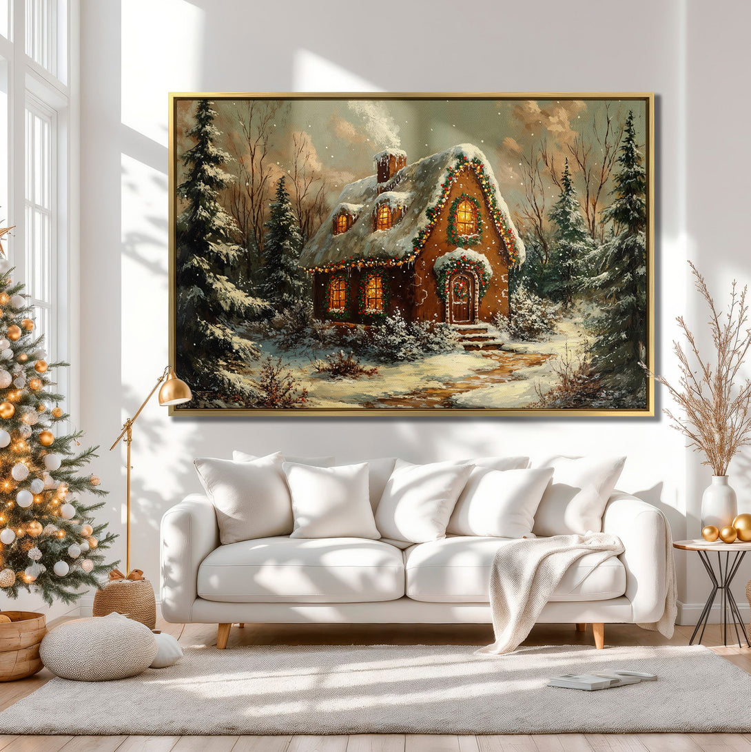 Canvas Print of a cozy winter cottage scene in a warm, neutral color palette. Perfect framed wall art for Christmas decor.