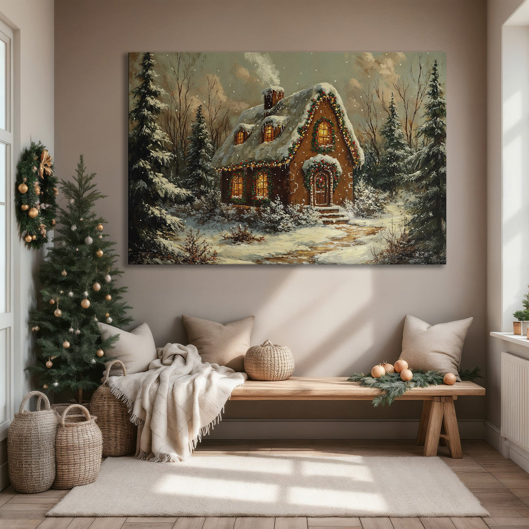 Framed Wall Art featuring a cozy winter cottage scene. Warm, inviting color palette with snowy details. Perfect for holiday decor.