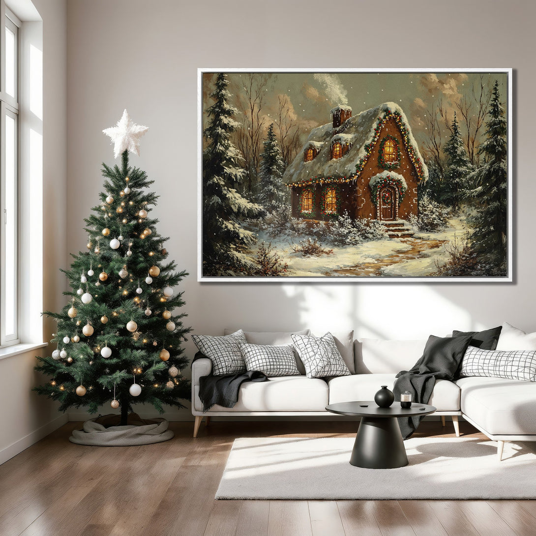 Framed Wall Art: Cozy winter cottage scene in a warm, inviting palette. Perfect for holiday decor! Add charm with this beautiful Canvas Print.