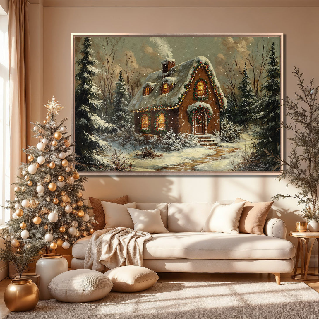 Framed Wall Art of a cozy winter cottage in a snowy landscape. Warm, inviting color palette. Perfect for holiday decor.